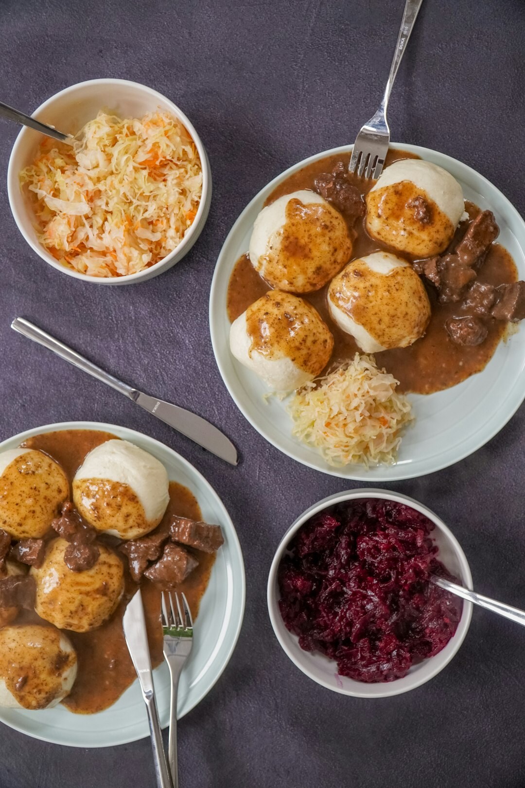 Traditional Czech goulash with bread dumplings in a bowl